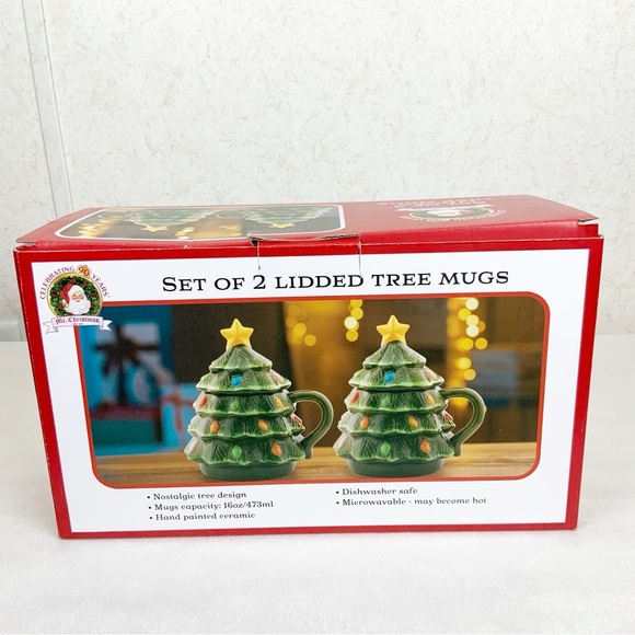 Mr Christmas 2 Lidded Tree Mugs 16 Oz Ceramic Hand Painted 90th Anniversary - Picture 6 of 9